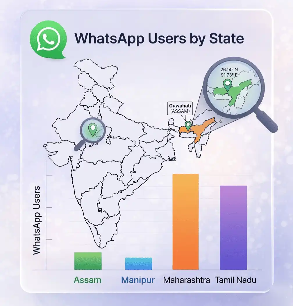 WhatsApp users by state in India, showing north-east states are fast growing