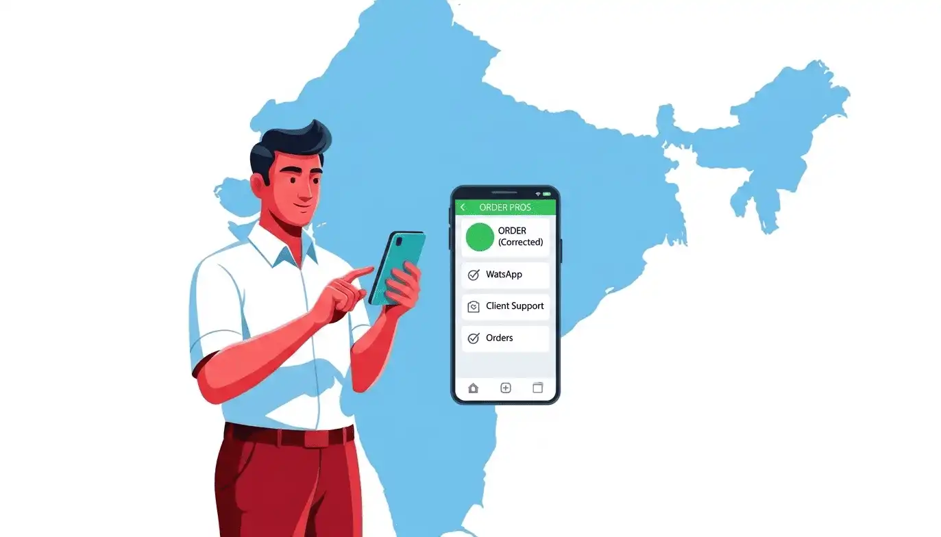 Indian supplier checking WhatsApp orders on mobile with India map background