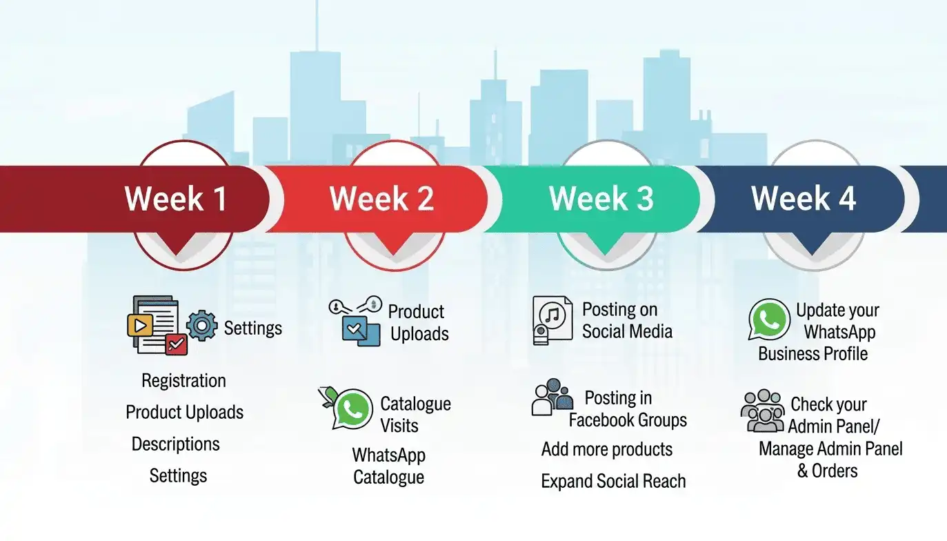 4-week visual roadmap with icons for each milestone