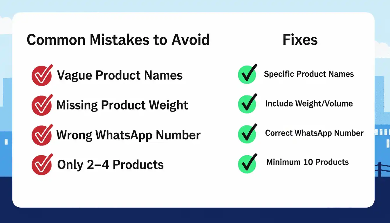 Visual checklist card with ❌ wrong examples and ✓ correct examples side by side